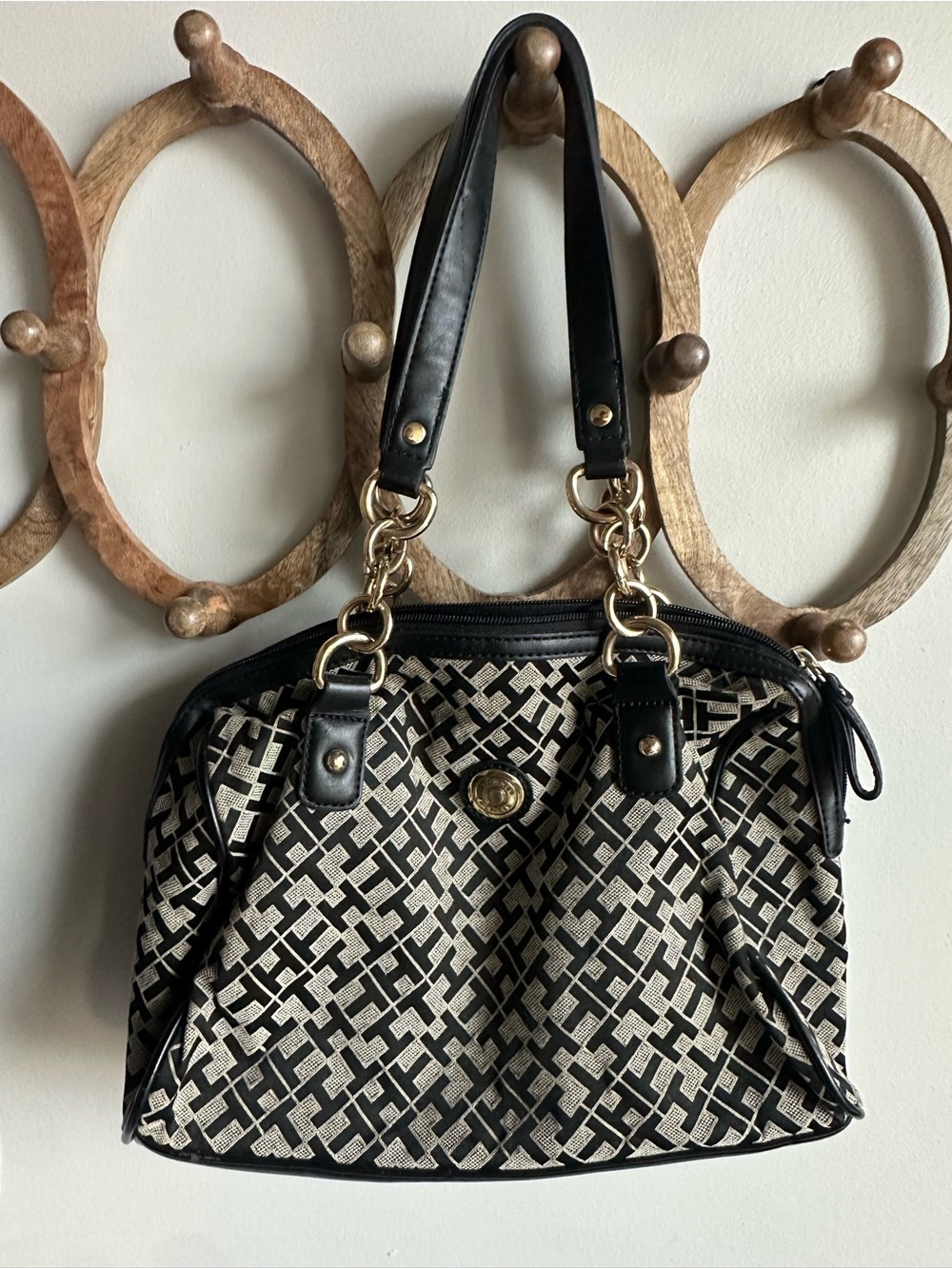 Tommy Hilfiger Black & Cream Monogram Shoulder Bag